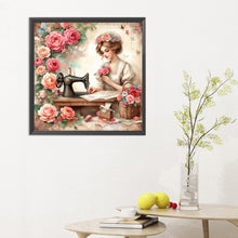 Load image into Gallery viewer, Diamond Painting - Full Round - woman using sewing machine (30*30CM)
