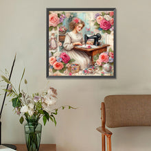 Load image into Gallery viewer, Diamond Painting - Full Round - woman using sewing machine (30*30CM)
