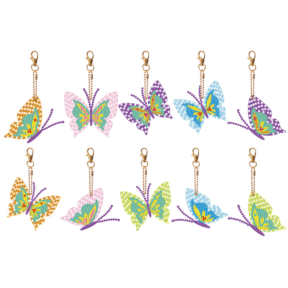10 Pcs Double Side Butterfly Diamond Art Keyring Animal Pendant for Office Decor
