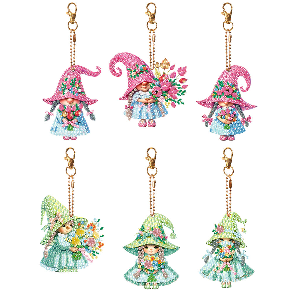 6Pcs Double Side Animal Elf Gnome Diamond Art Keyring Diamond Painting Keychain
