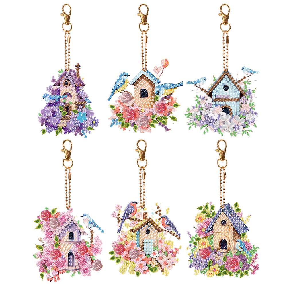 6Pcs Double Side Diamond Art Keyring Keychain Pendant Home Decor (House Bird)