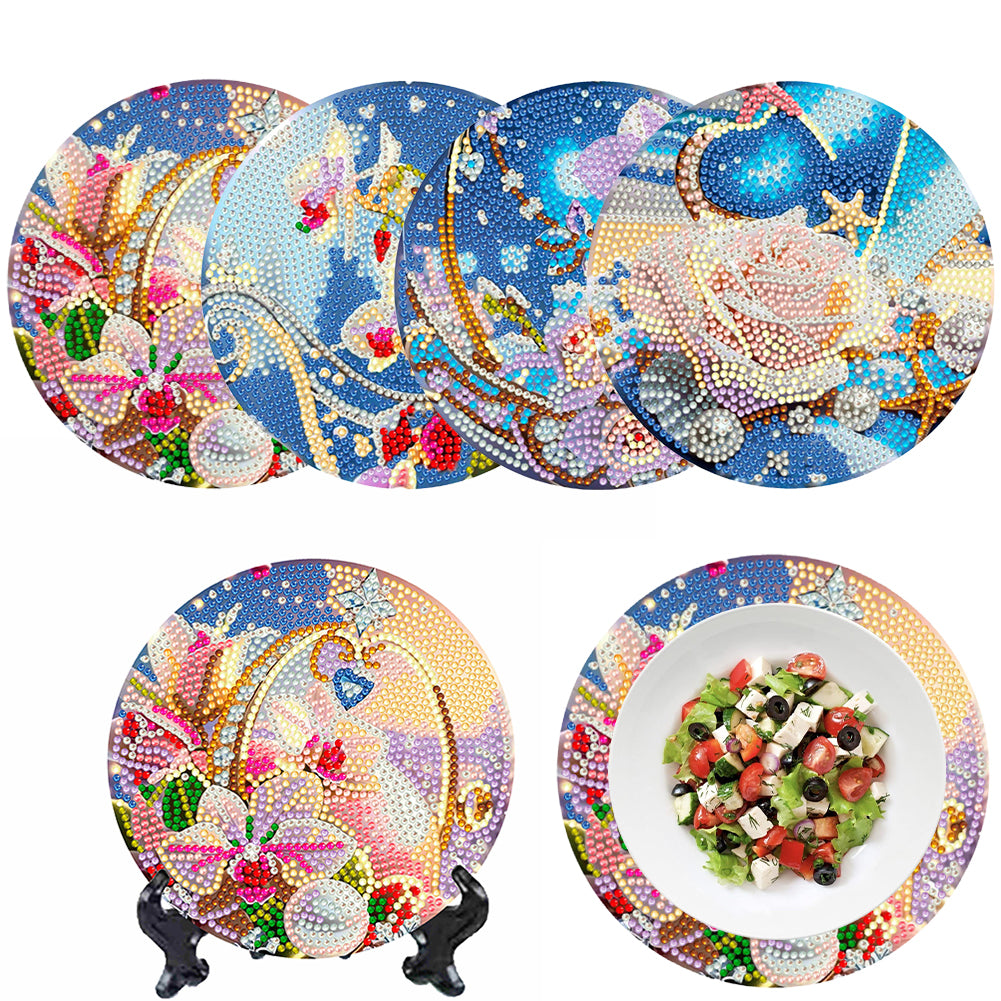 4 Pcs Seashell Rose House Diamond Art Place Mat with Holder for Dining Tables