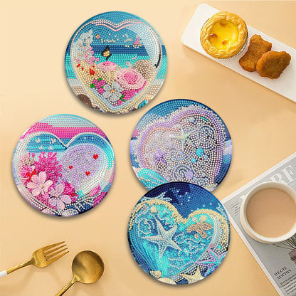 4 Pcs Seashell Rose House Diamond Art Place Mat with Holder for Dining Tables