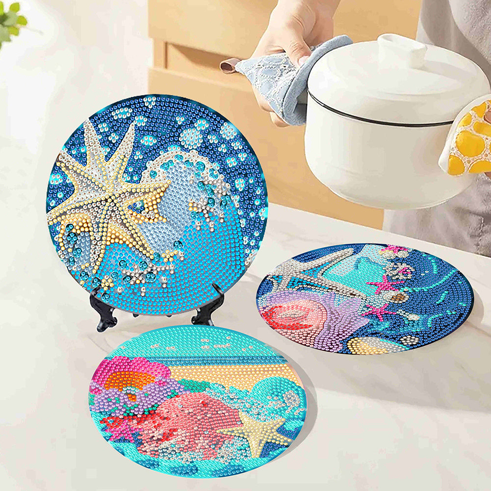 4 Pcs Seashell Rose House Diamond Art Place Mat with Holder for Dining Tables
