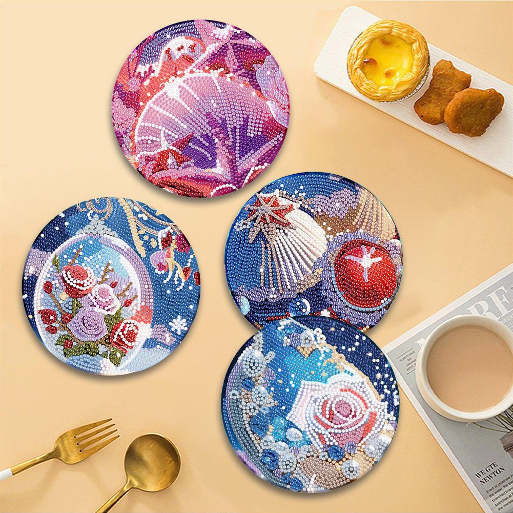 4 Pcs Seashell Rose House Diamond Art Place Mat with Holder for Dining Tables