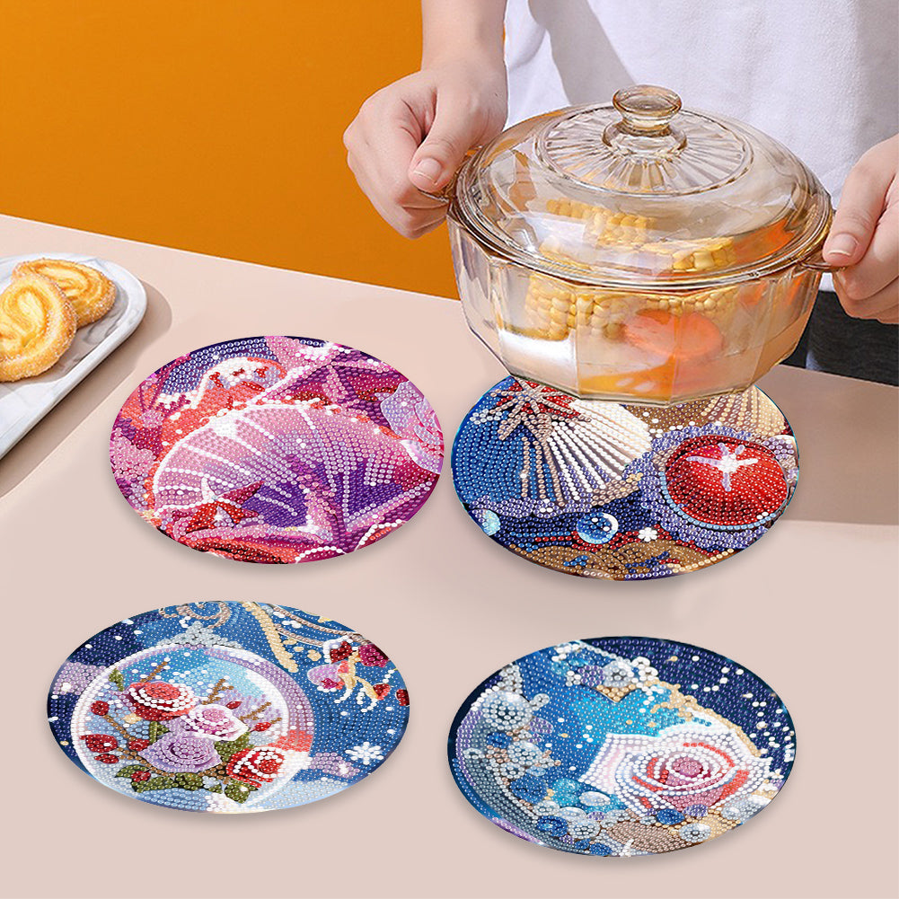 4 Pcs Seashell Rose House Diamond Art Place Mat with Holder for Dining Tables