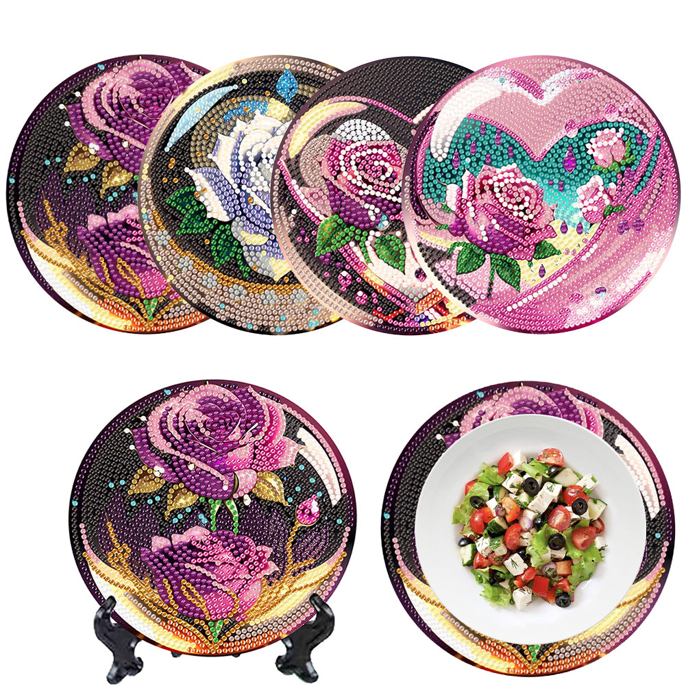 4 Pcs Seashell Rose House Diamond Art Place Mat with Holder for Dining Tables