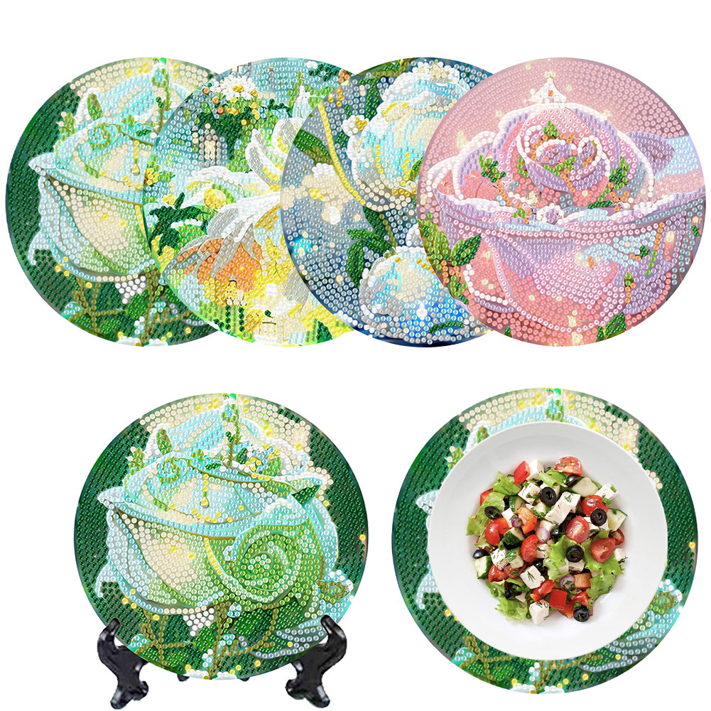 4 Pcs Seashell Rose House Diamond Art Place Mat with Holder for Dining Tables