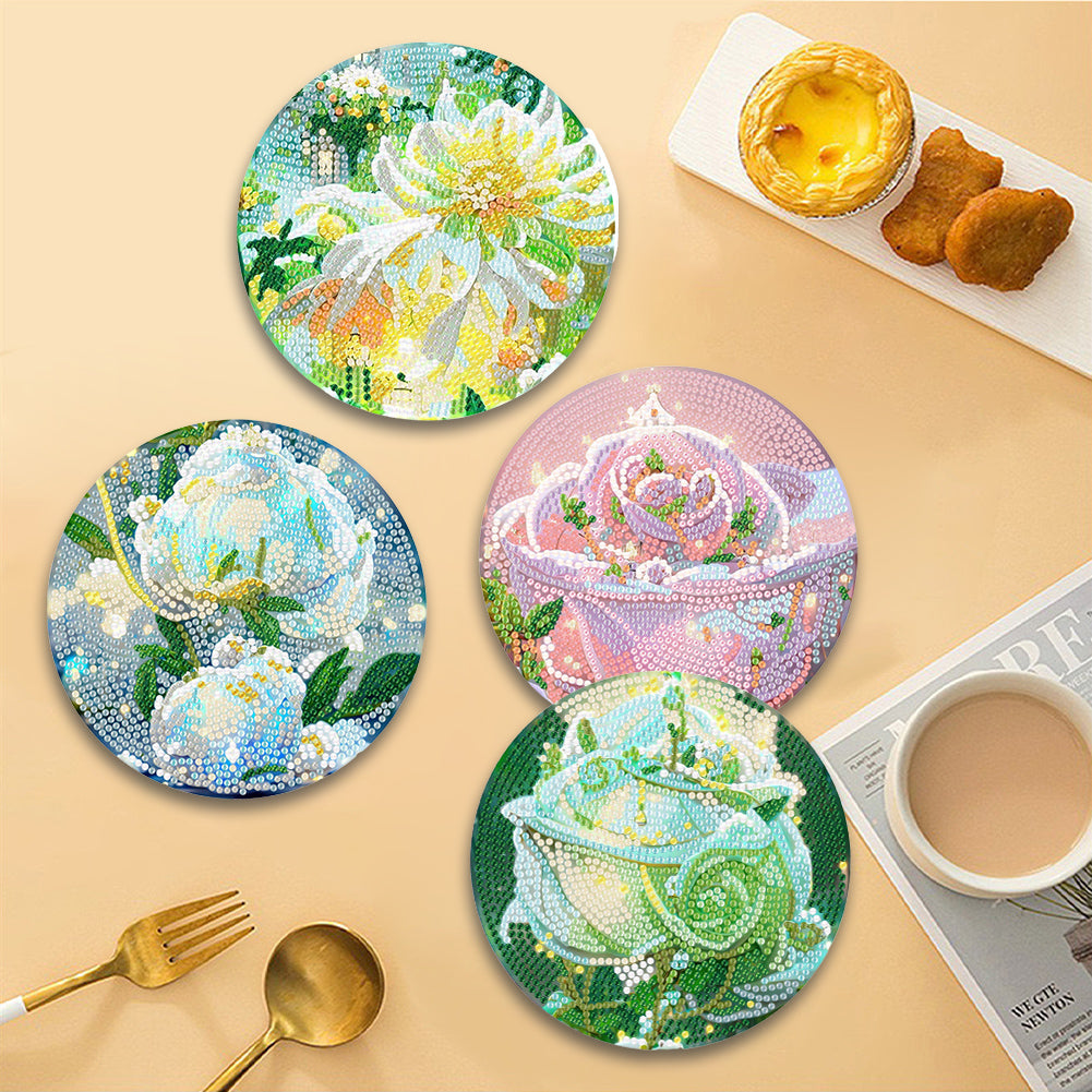 4 Pcs Seashell Rose House Diamond Art Place Mat with Holder for Dining Tables