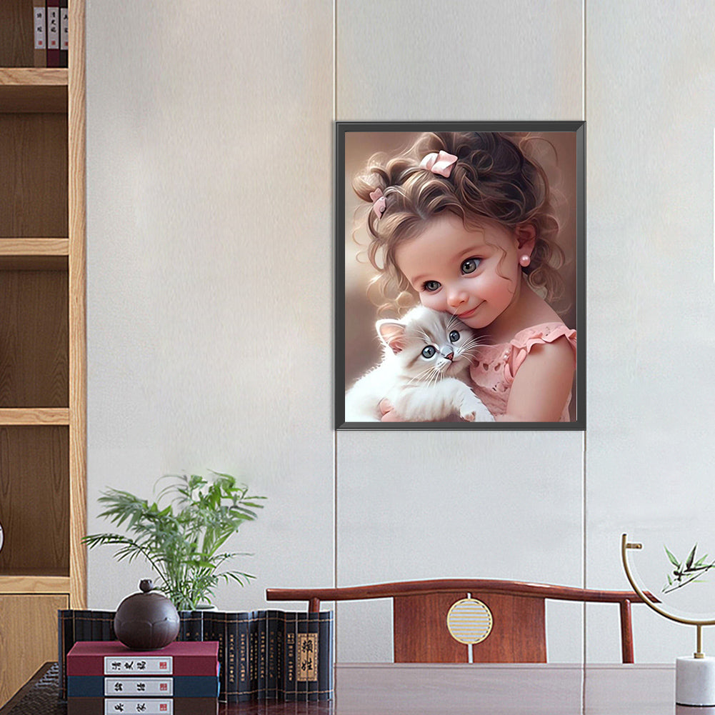 Diamond Painting - Full Round - little girl holding cat (40*50CM)