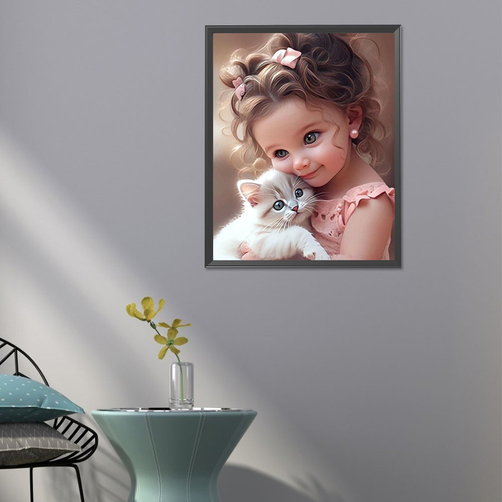Diamond Painting - Full Round - little girl holding cat (40*50CM)