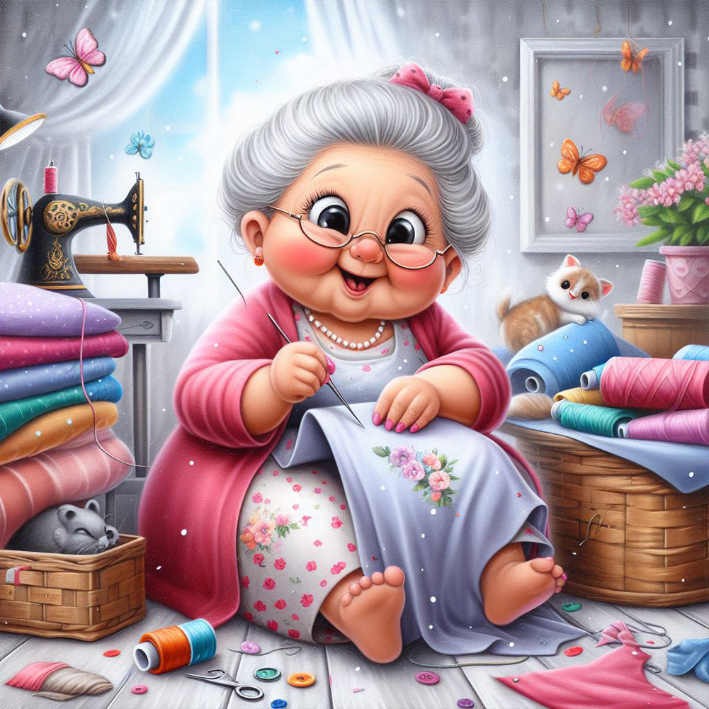Diamond Painting - Full Round - Old lady with sewing machine (30*30CM)