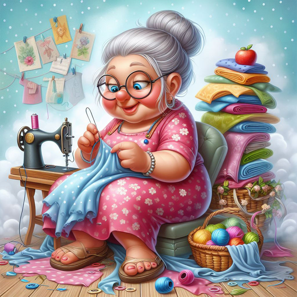 Diamond Painting - Full Round - Old lady with sewing machine (30*30CM)
