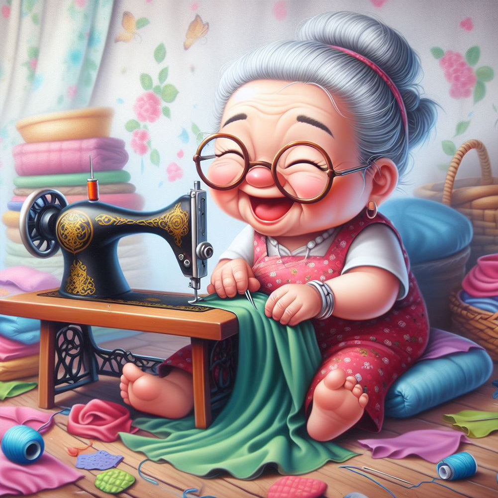 Diamond Painting - Full Round - Old lady with sewing machine (30*30CM)