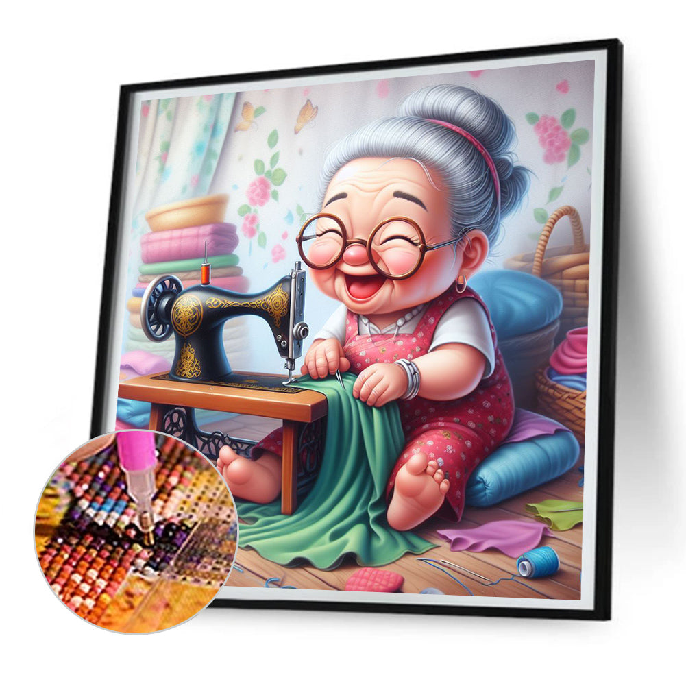 Diamond Painting - Full Round - Old lady with sewing machine (30*30CM)
