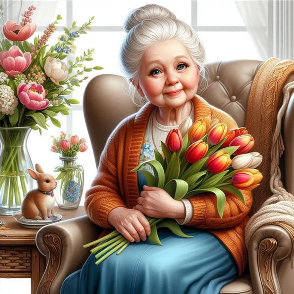 Diamond Painting - Full Round - old lady holding tulips (30*30CM)
