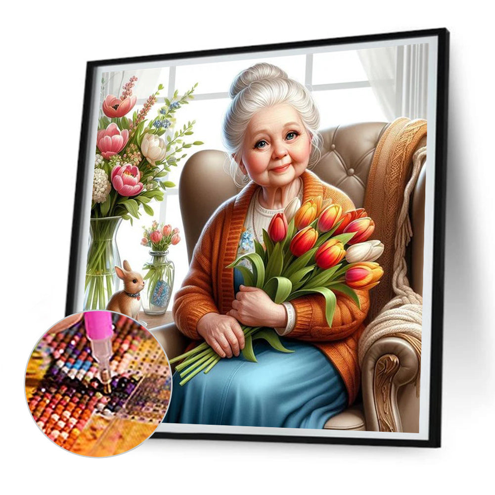 Diamond Painting - Full Round - old lady holding tulips (30*30CM)