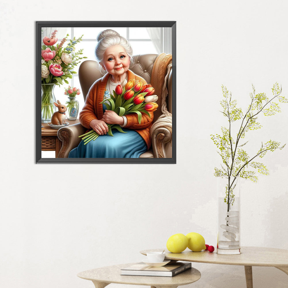 Diamond Painting - Full Round - old lady holding tulips (30*30CM)