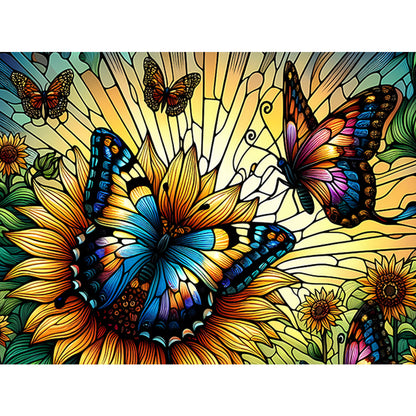 Diamond Painting - Full Round - Sunflower Butterfly Glass Art (40*30CM)