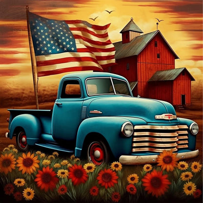 Diamond Painting - Full Round - American flag vintage car (30*30CM)