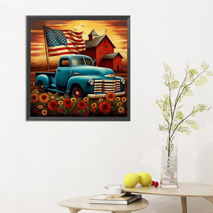 Diamond Painting - Full Round - American flag vintage car (30*30CM)
