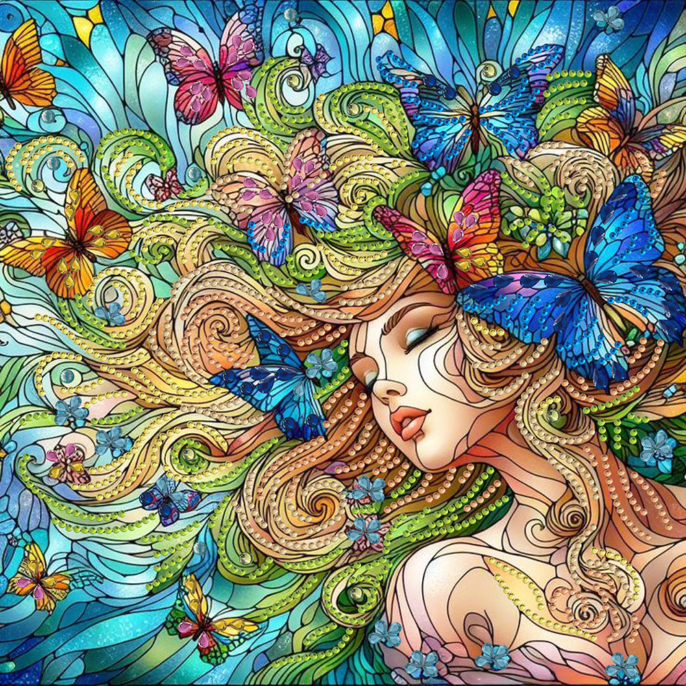 Diamond Painting - Partial Special Shaped - Sleeping girl with beautiful butterfly glass art (30*30CM)