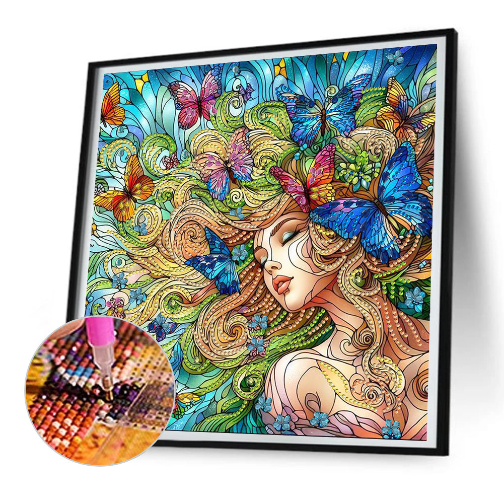 Diamond Painting - Partial Special Shaped - Sleeping girl with beautiful butterfly glass art (30*30CM)