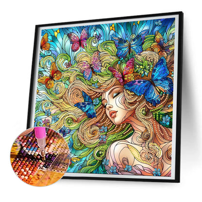 Diamond Painting - Partial Special Shaped - Sleeping girl with beautiful butterfly glass art (30*30CM)