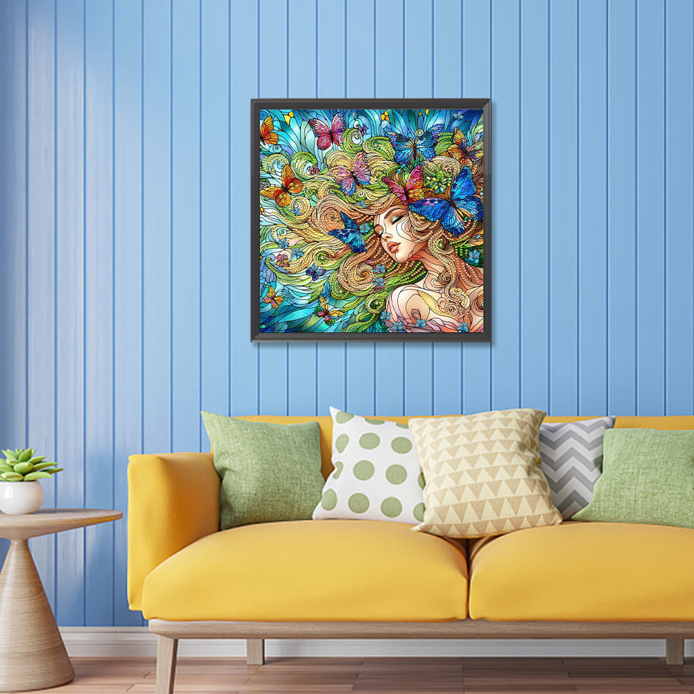 Diamond Painting - Partial Special Shaped - Sleeping girl with beautiful butterfly glass art (30*30CM)