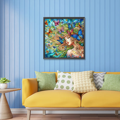 Diamond Painting - Partial Special Shaped - Sleeping girl with beautiful butterfly glass art (30*30CM)