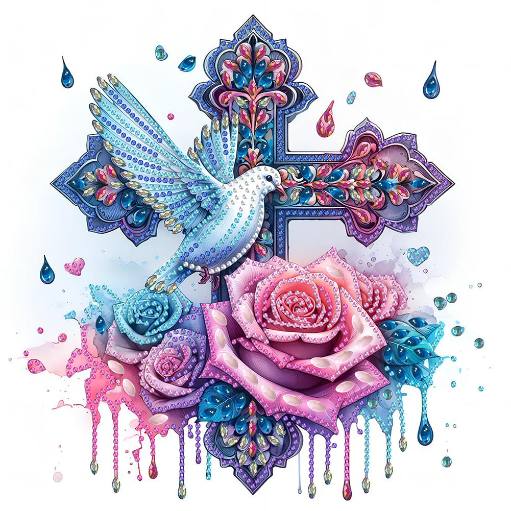 Diamond Painting - Partial Special Shaped - Cross of faith with roses and white doves (30*30CM)