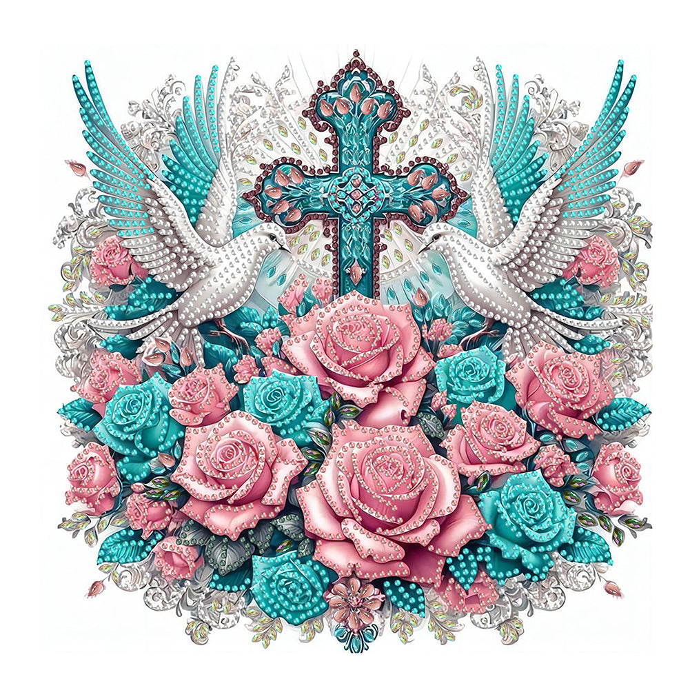 Diamond Painting - Partial Special Shaped - Cross of faith with roses and white doves (30*30CM)