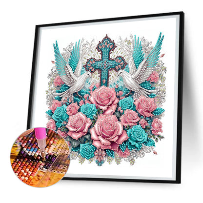 Diamond Painting - Partial Special Shaped - Cross of faith with roses and white doves (30*30CM)