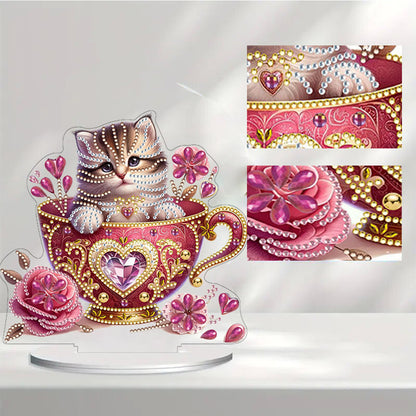 Cat in Cup 5D DIY Diamond Art Tabletop Decorations Cute Bedroom Table Decoration