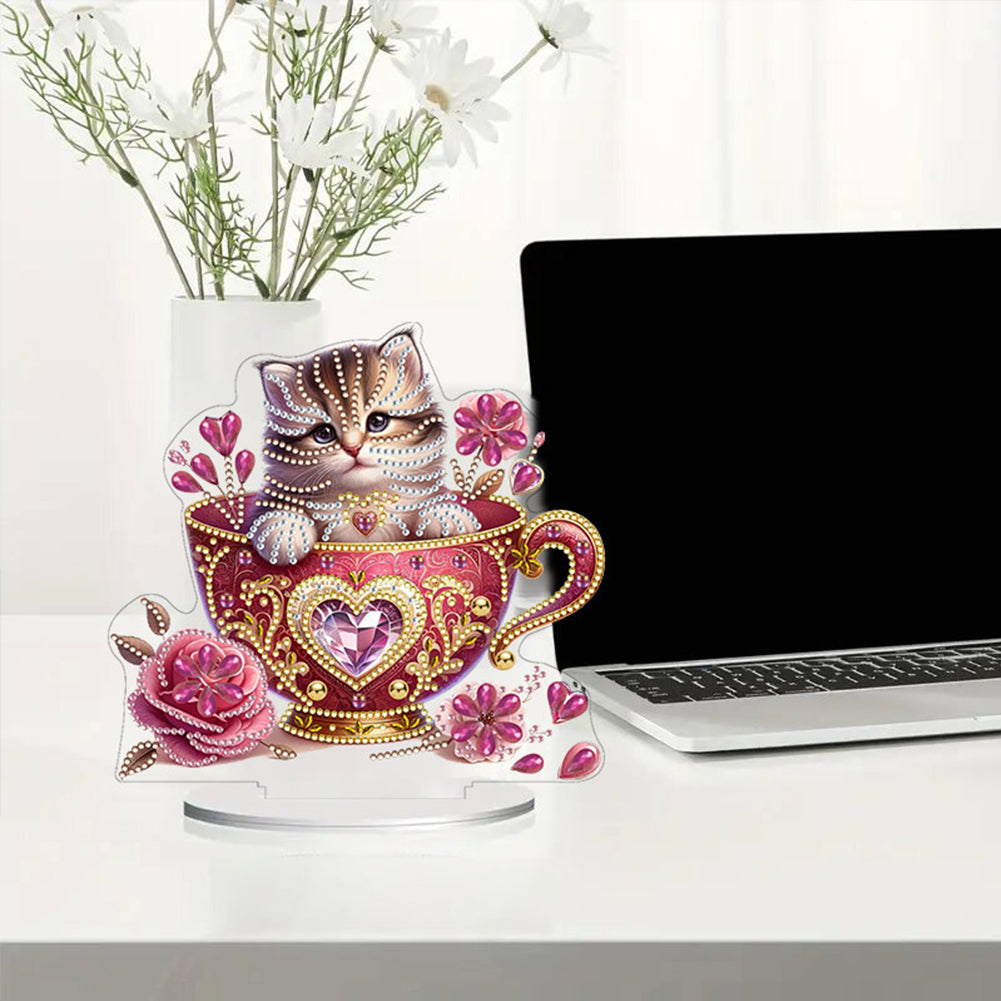 Cat in Cup 5D DIY Diamond Art Tabletop Decorations Cute Bedroom Table Decoration