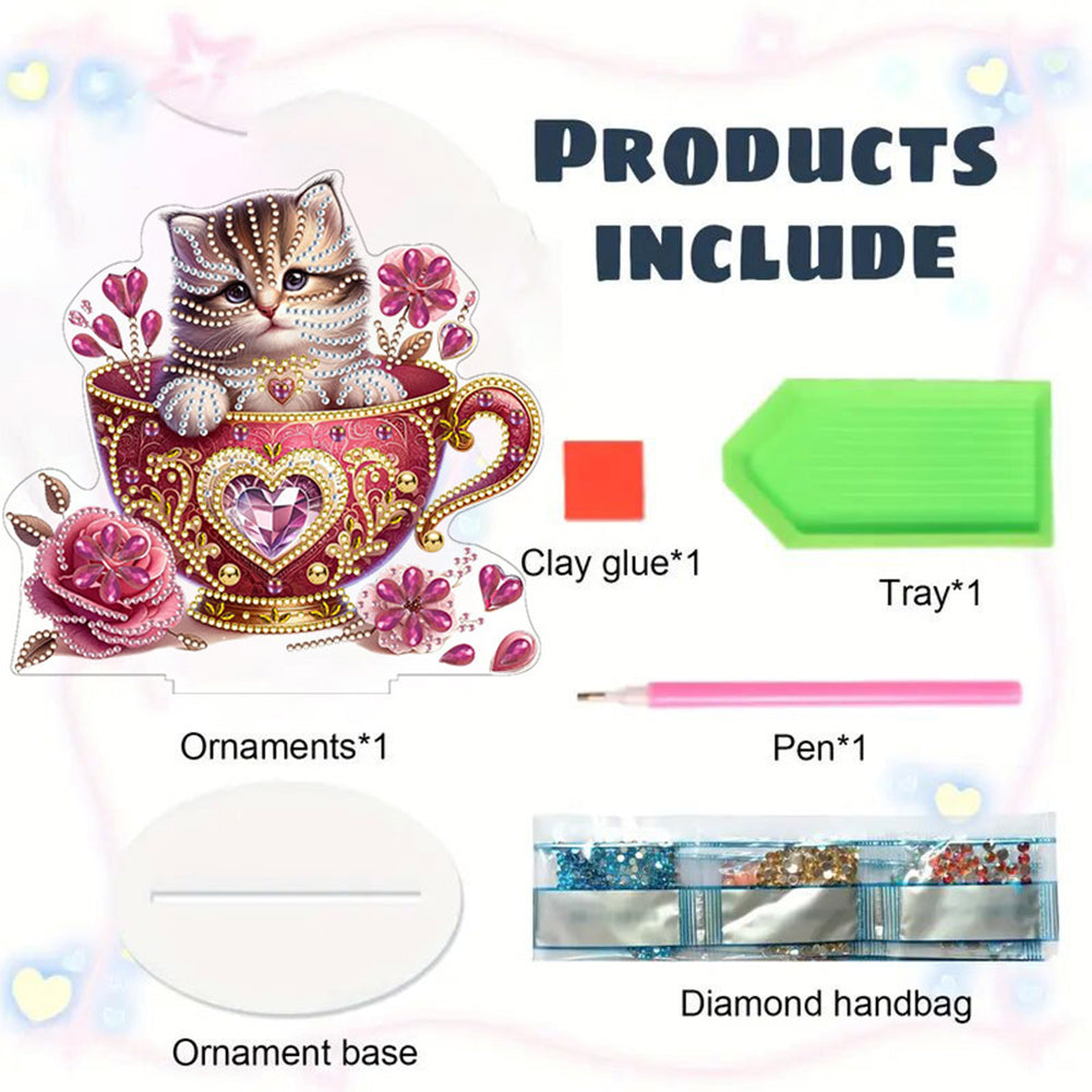 Cat in Cup 5D DIY Diamond Art Tabletop Decorations Cute Bedroom Table Decoration