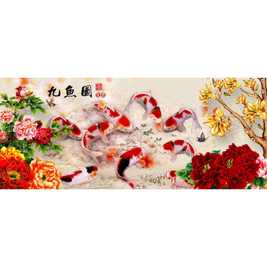 Peony 9 Fishes 80*35CM(Canvas) Full Round Drill Diamond Painting