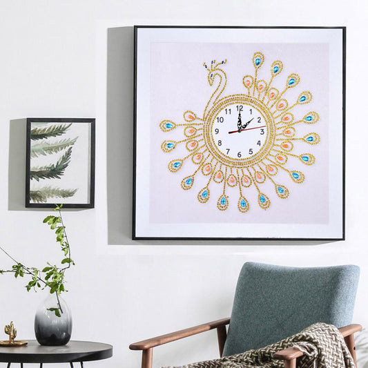 Peafowl Clock 35*35CM(Canvas) Special Shaped Drill Diamond Painting