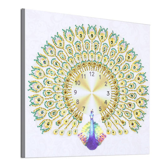 Peafowl Clock 35*35CM(Canvas) Special Shaped Drill Diamond Painting