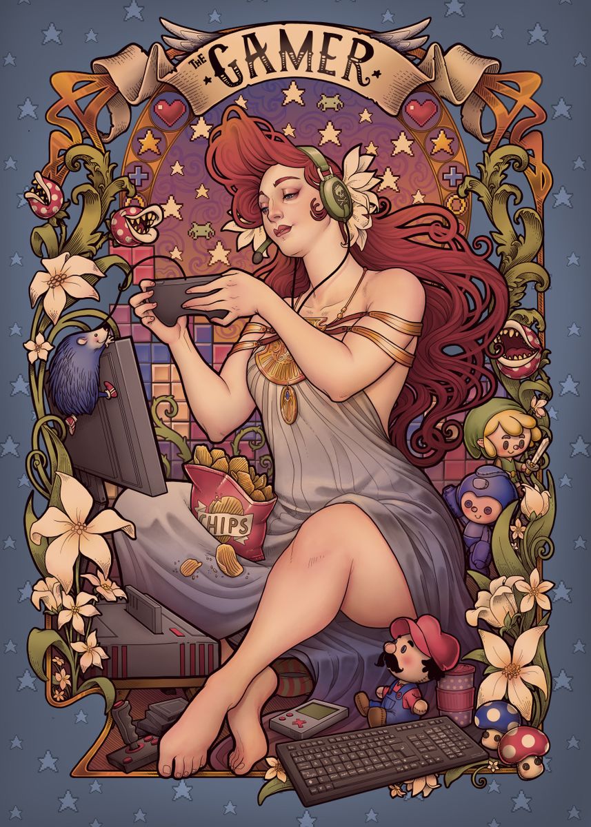 Diamond Painting - Full Round - Art Nouveau Allegory Gamer For Retro Gamers (30*40CM)