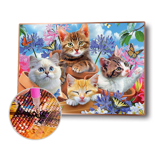 Four Cat in Flower 40*30cm(canvas) full round drill diamond painting