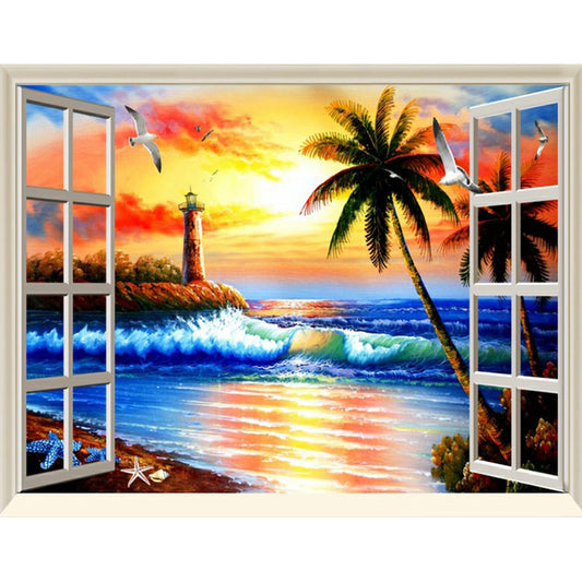 Sunset Window Beach 40*30cm (canvas) full round drill diamond painting