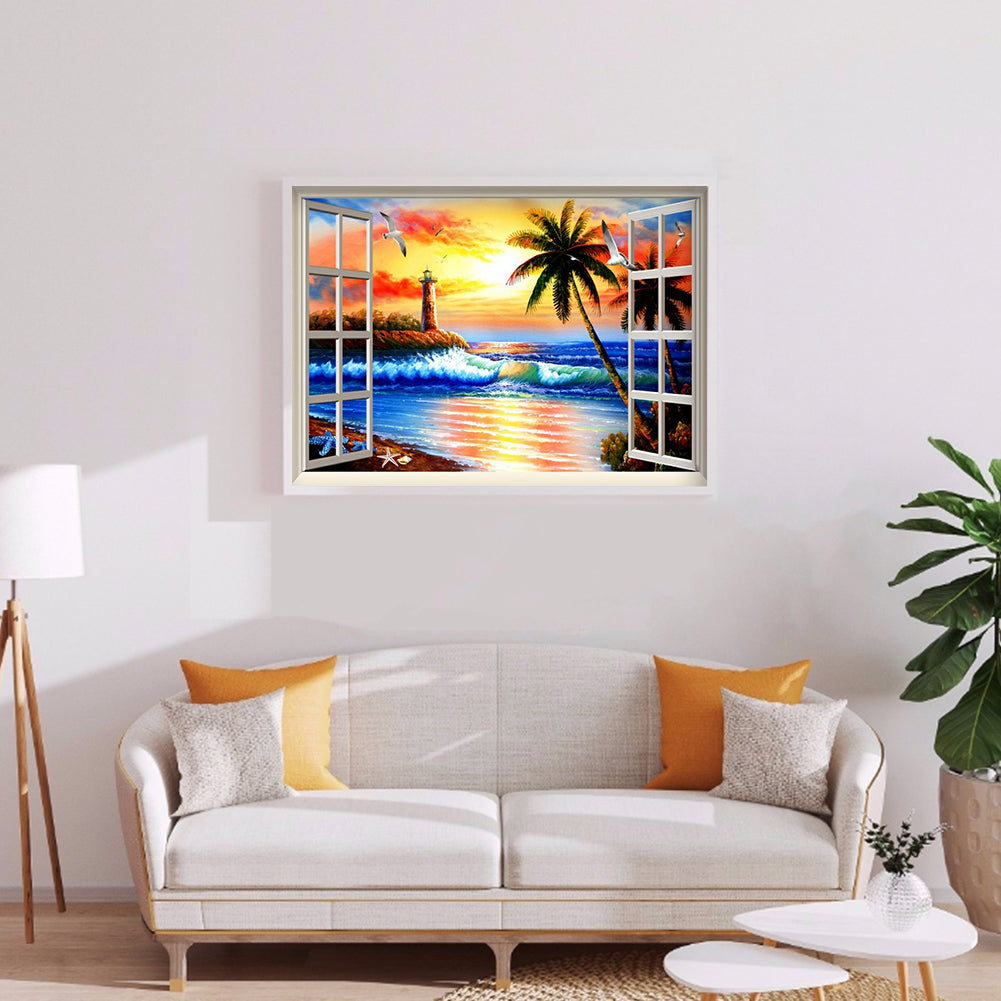 Sunset Window Beach 40*30cm (canvas) full round drill diamond painting