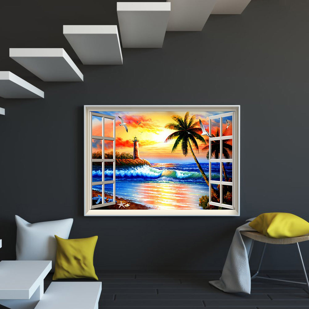 Sunset Window Beach 40*30cm (canvas) full round drill diamond painting