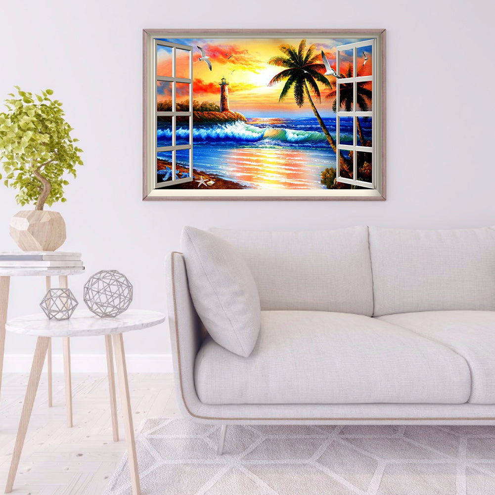 Sunset Window Beach 40*30cm (canvas) full round drill diamond painting