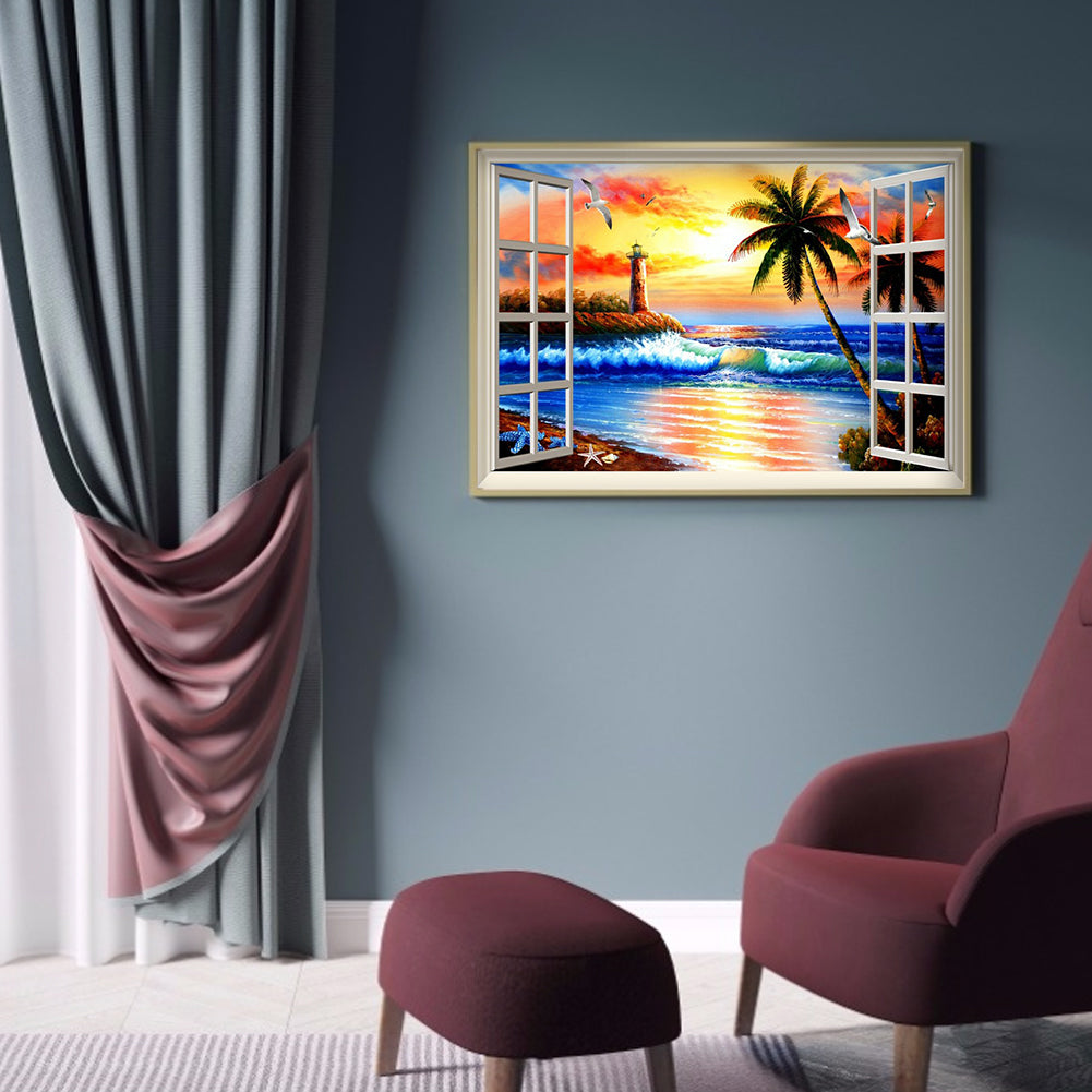 Sunset Window Beach 40*30cm (canvas) full round drill diamond painting