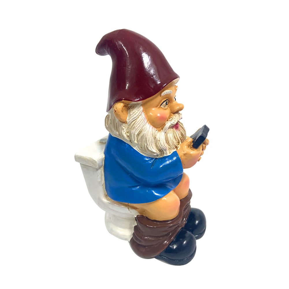3D Dwarf Toilet Play Phone Statue Garden Gnome Resin Doll Figurines Crafts