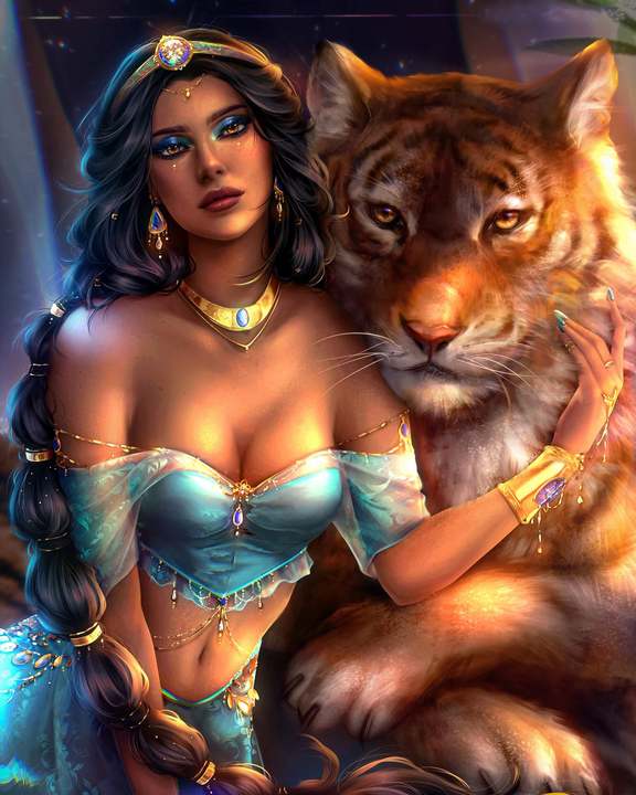 AB Diamond Painting - Full Round - Tiger and Princess (40*50cm)