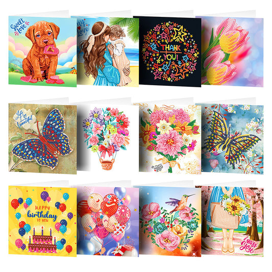 12pcs DIY Diamond Painting Greeting Cards Mosaic Birthday Postcard