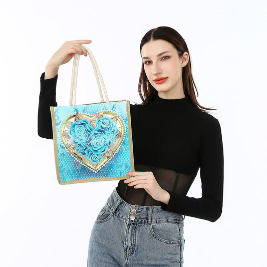 Rose Heart Diamond Painting Handbag DIY Linen Shopping Tote Bag (AA1034)